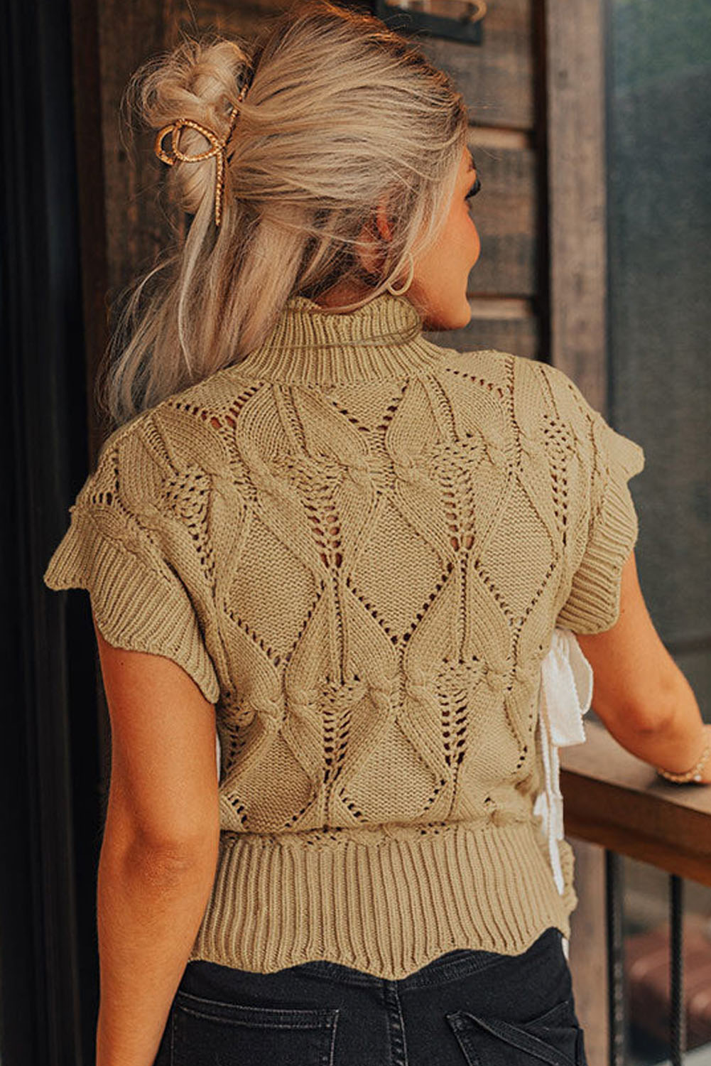 Knit Tops - Light French Beige Hollowed Knit Scalloped Trim High Neck Sweater