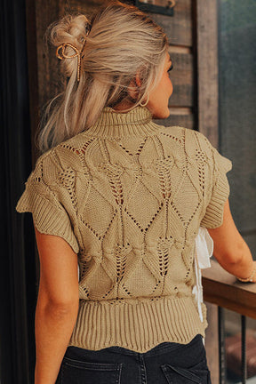 Knit Tops - Light French Beige Hollowed Knit Scalloped Trim High Neck Sweater