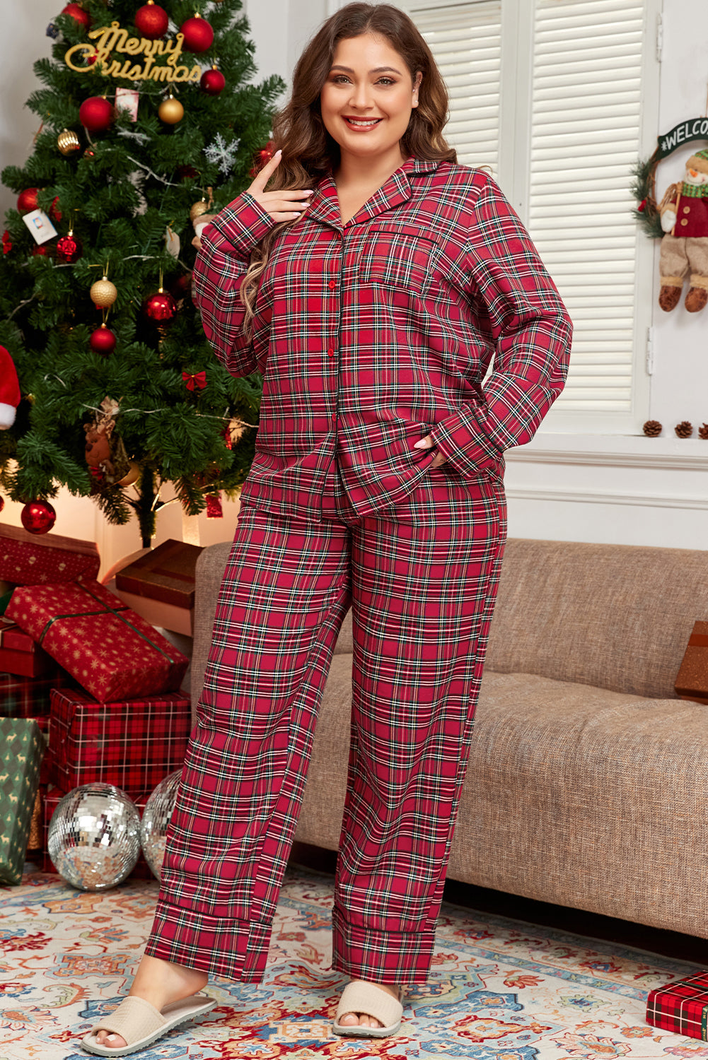 Red Plaid Print Shirt and Drawstring Pants Plus Size Pajama Set-True and Wild