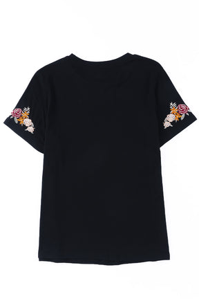 Black Casual Floral Embroidered Round Neck T Shirt-True and Wild