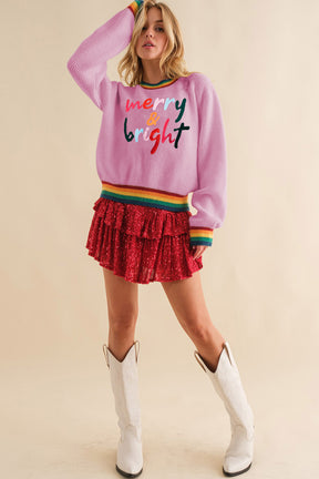 MERRY & BRIGHT Ribbed Round Neck Sweater-True and Wild