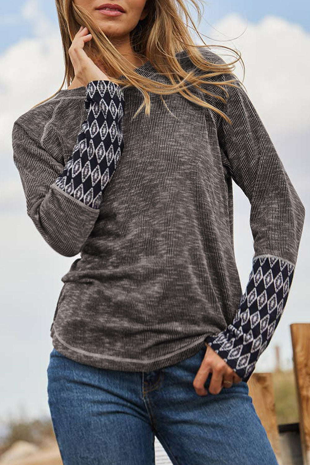 Gray Ribbed Casual Geometric Patchwork Long Sleeve Top-True and Wild