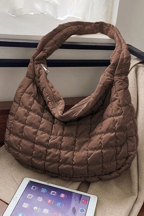 Coffee Casual Quilted Zipper Large Shoulder Bag-True and Wild