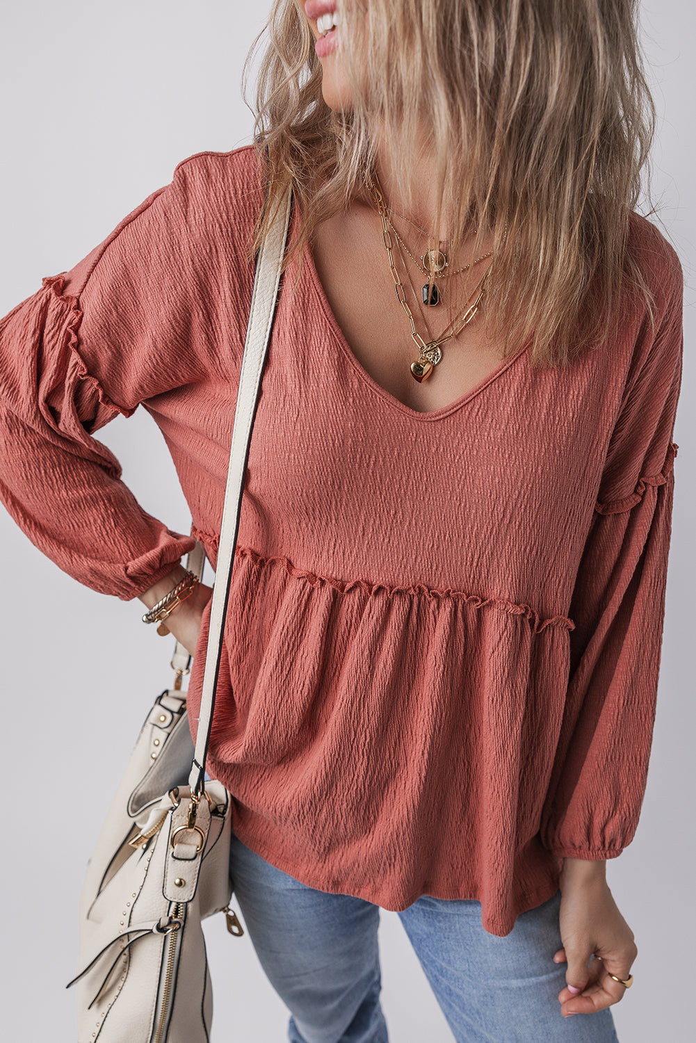 Frill V-Neck Long Sleeve Blouse-True and Wild