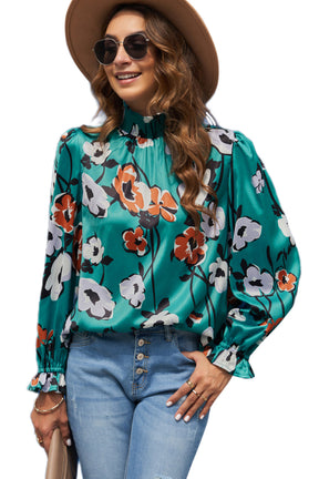 Green Mock Neck Top Floral Print Long Sleeve Silk Blouse-True and Wild