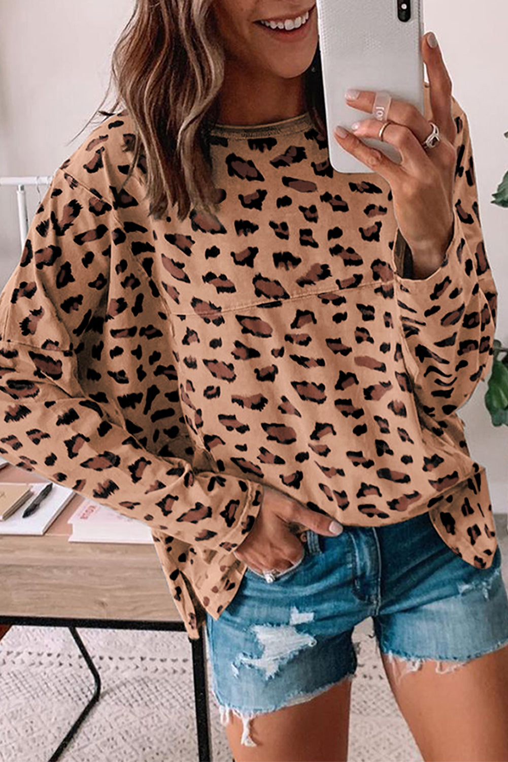 Brown Leopard Stitching Loose Long Sleeve Top-True and Wild