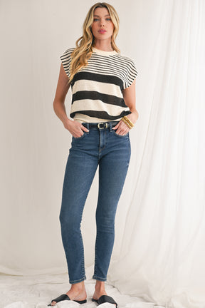 Black White Striped Sleeveless Knit Top-True and Wild