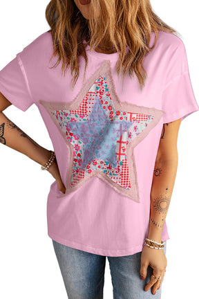 Pink Vibrant Star Patchwork Loose T-shirt-True and Wild