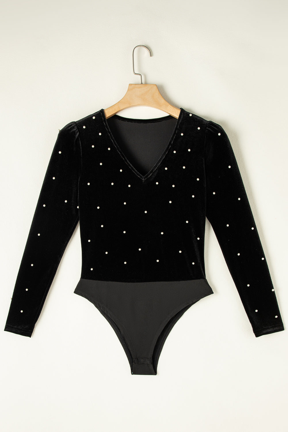 Pearl Detail Velvet V-Neck Long Sleeve Bodysuit-True and Wild