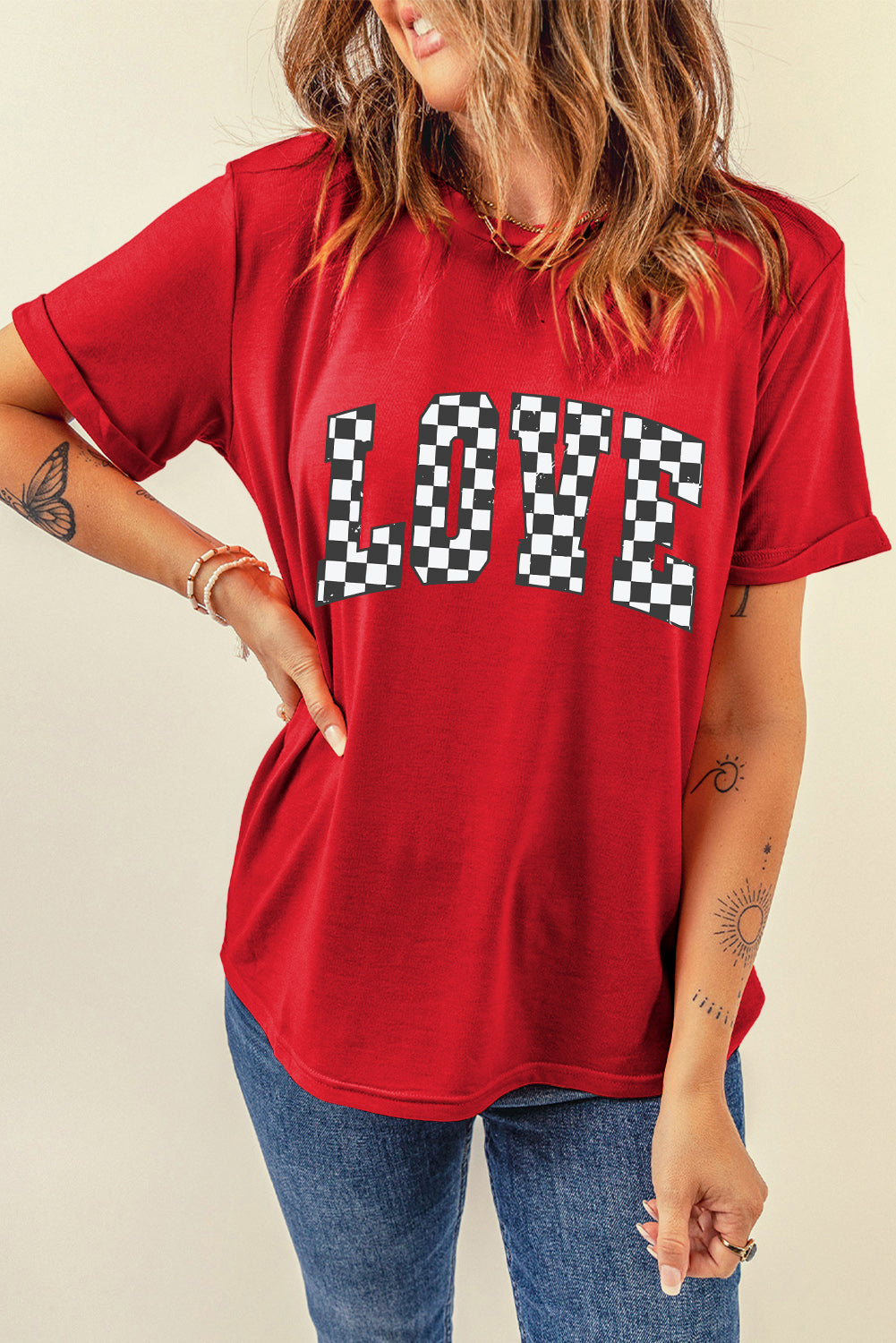 Red Checkered LOVE Letter Graphic Valentines Crewneck T Shirt-True and Wild