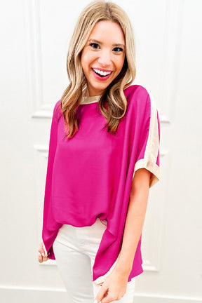 Rose Color Block Boat Neck Tunic Blouse