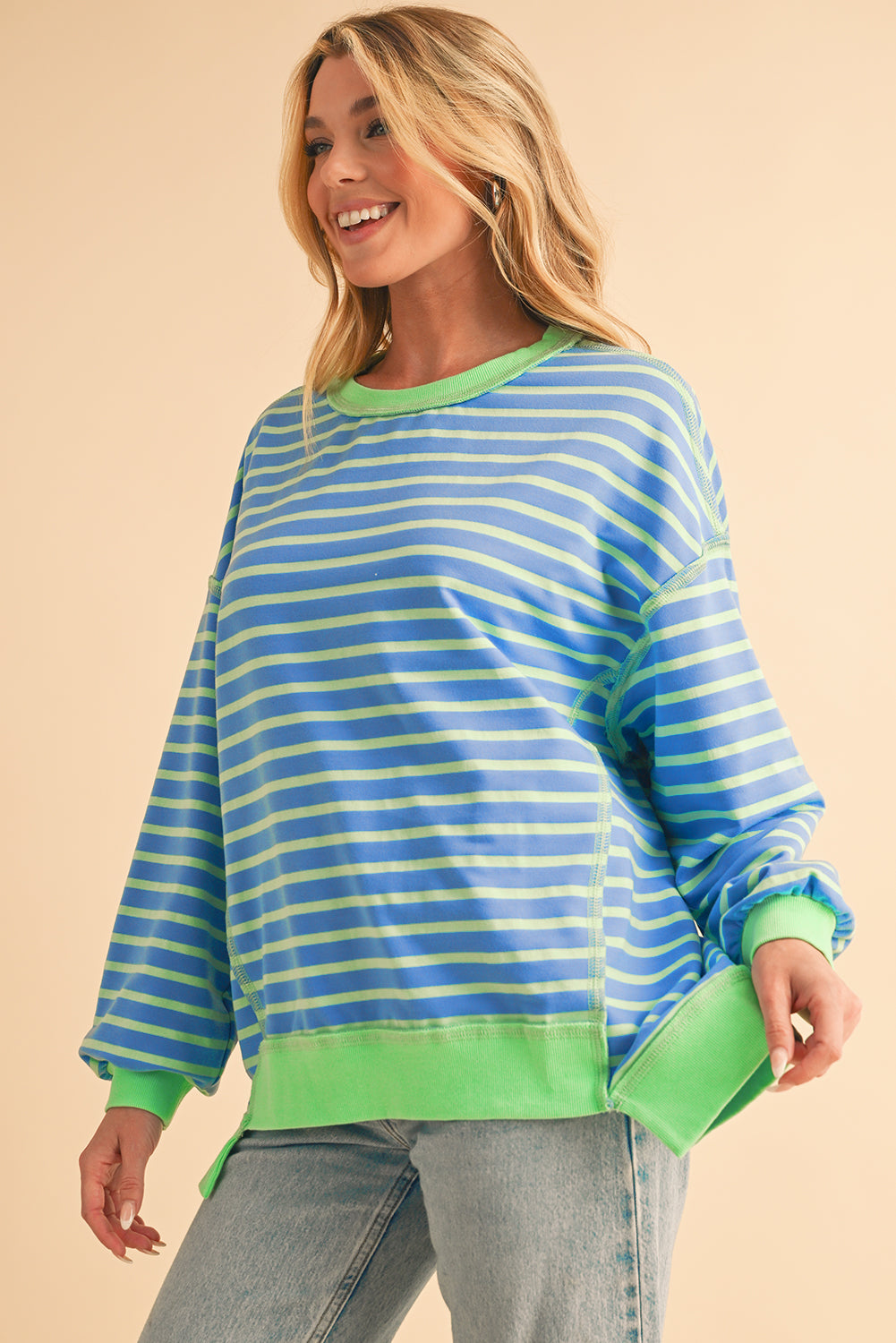 Pink Stripe Contrast Trim High Low Tunic Sweatshirt-True and Wild