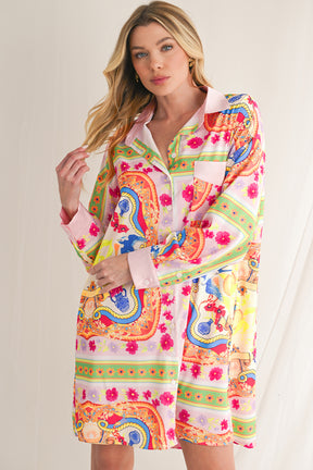 Multicolour Abstract Print Button Long Sleeve Shirt Dress-True and Wild