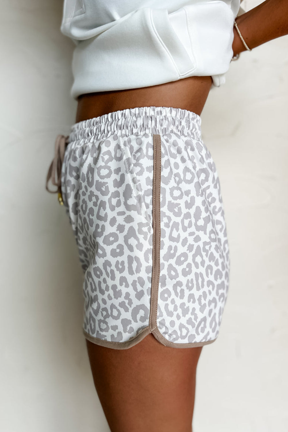 Shorts - White Leopard Elastic Waist Lace Up Contrast Trim Casual Shorts