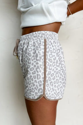 Shorts - White Leopard Elastic Waist Lace Up Contrast Trim Casual Shorts