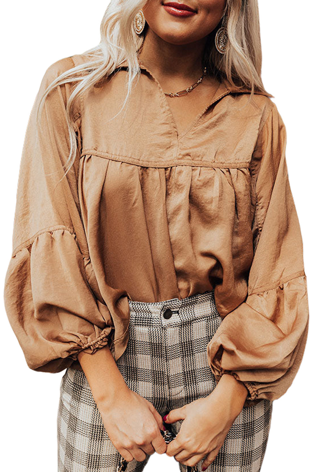 Brown Solid Color Lantern Sleeve Collared Boho Top-True and Wild