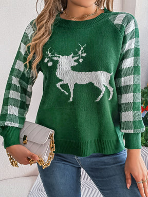 Reindeer Plaid Round Neck Long Sleeve Sweater-True and Wild