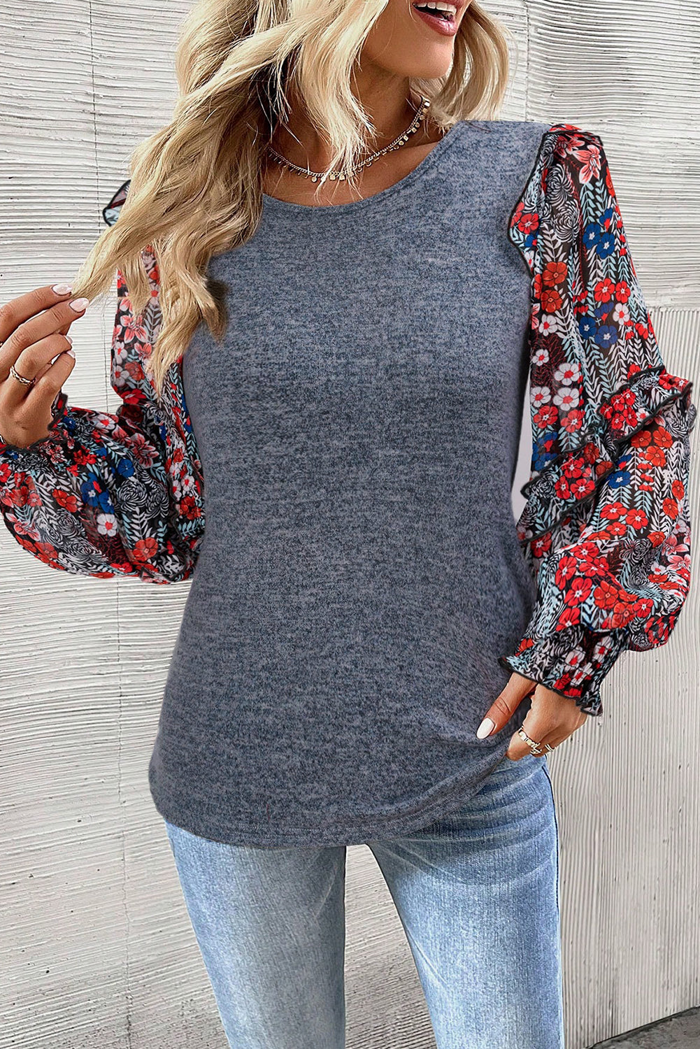 Blue Floral Ruffle Sleeve Patchwork Top-True and Wild