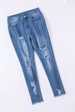 Light Blue High Waist Distressed Skinny Jeans-True and Wild