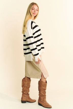 Davi & Dani High-Low Side Slit Striped Johnny Collar Sweater-True and Wild