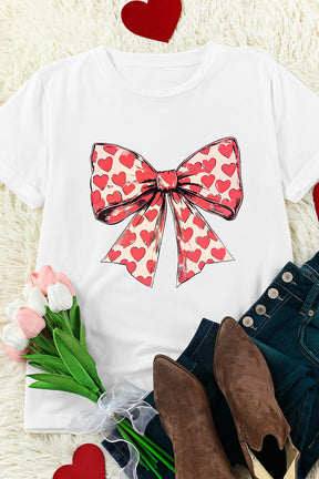 White Bow Heart Graphic Valentines Crewneck Tee