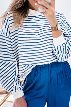 Blue Stripe Drop Shoulder Crew Neck Loose Sweatshirt-True and Wild