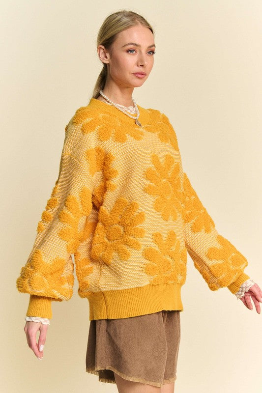 Davi & Dani Flower Texture Round Neck Dropped Shoulder Sweater-True and Wild