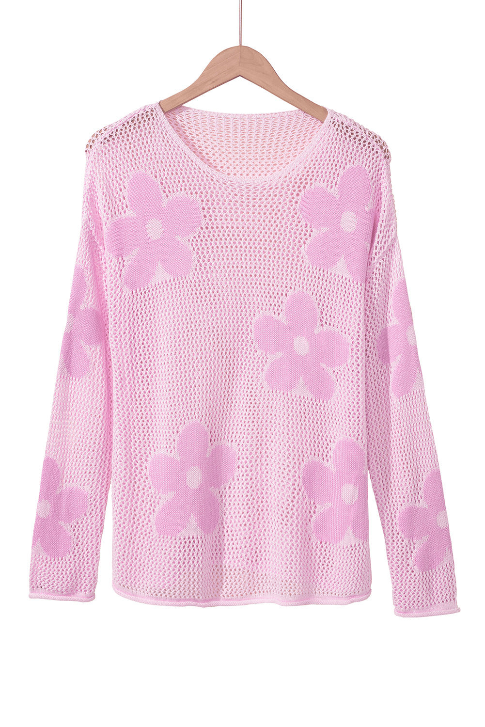 Light Pink Flower Drop Shoulder Hollow Knit Top-True and Wild