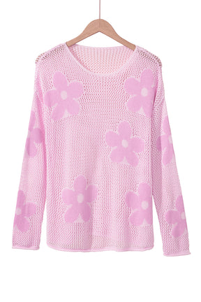 Light Pink Flower Drop Shoulder Hollow Knit Top-True and Wild