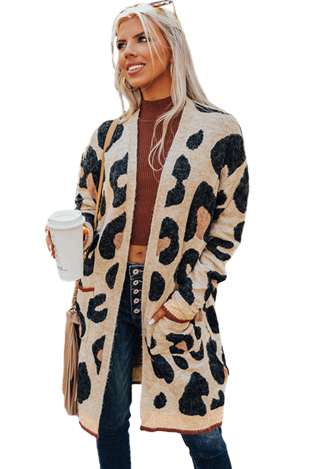 Leopard Print Open Front Pockets Midi Cardigan-True and Wild