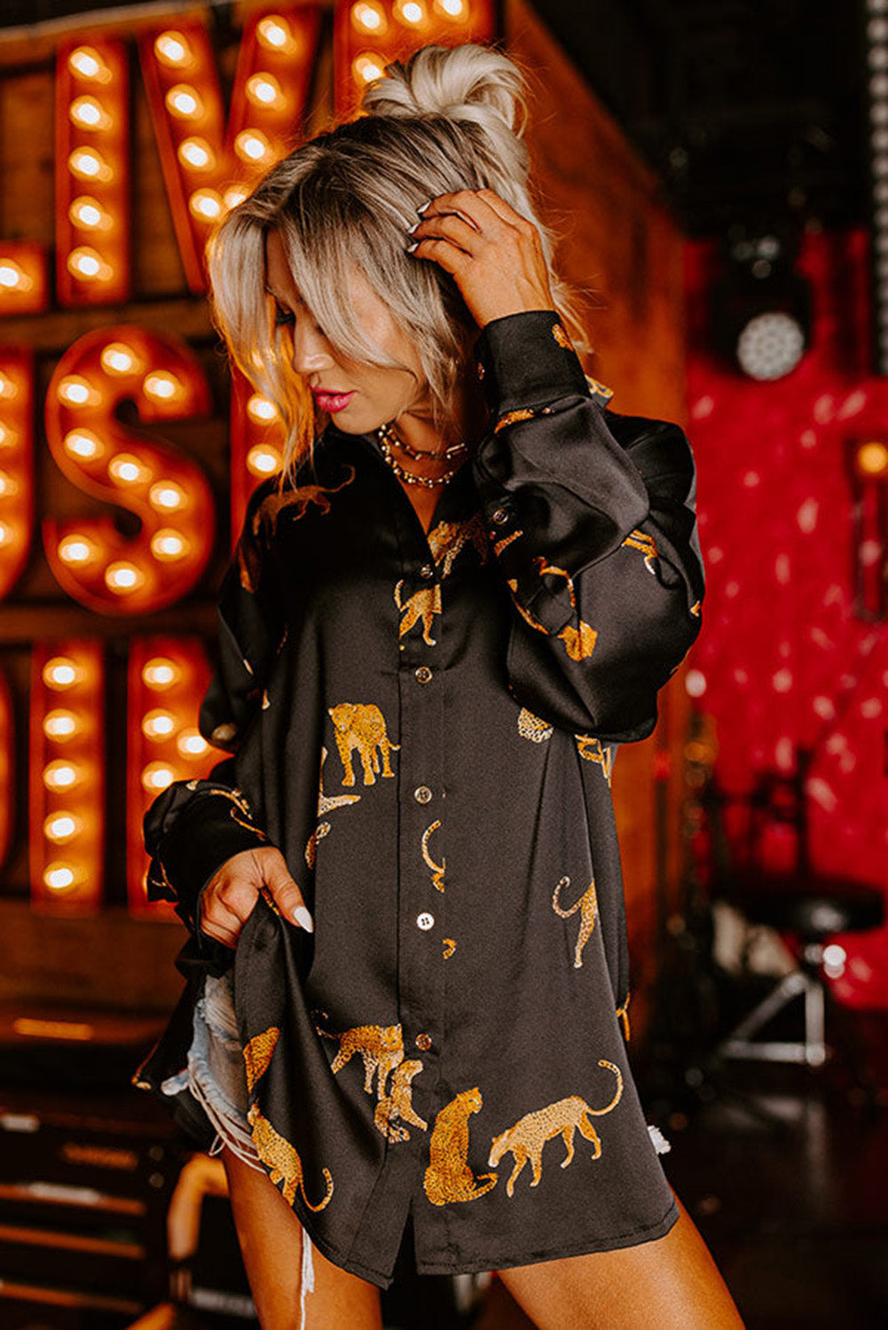 Black Animal Print Button Up Satin Shirt-True and Wild