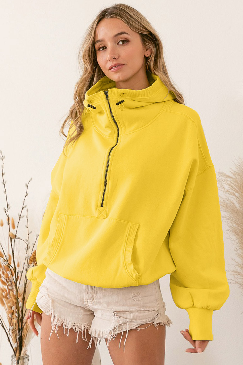 Yellow Solid Color Half Zip Pullover Hoodie with Kangaroo Pocket