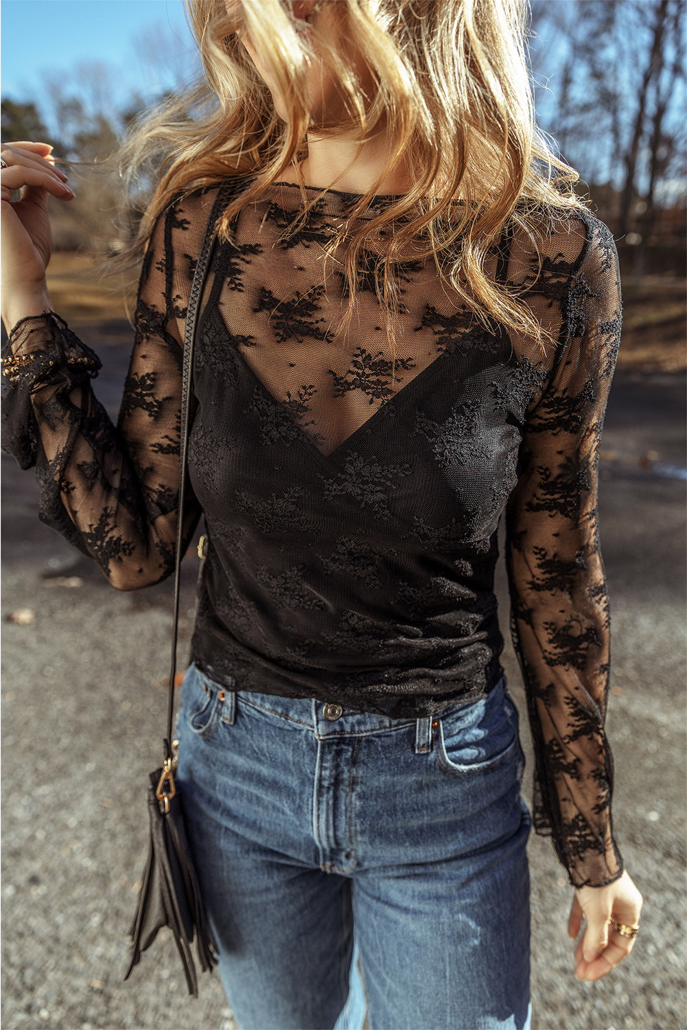 Black Mesh Crochet Splicing Slim Fit Long Sleeve Blouse-True and Wild