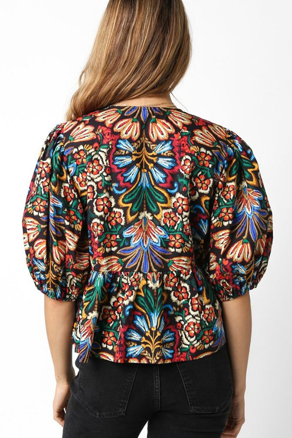 Black Bohemian Tropical Print Front Tie V-Neck Bubble Sleeve Blouse