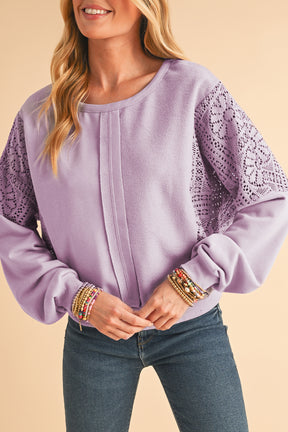 Parchment Crochet Patchwork Exposed Seam Ribbed Trim Sweatshirt-True and Wild