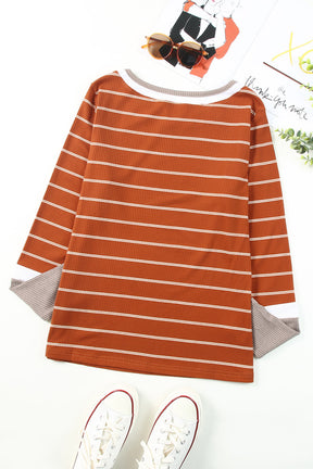 Brown Contrast Spliced Colorblock Cuffed Rib Knit Top-True and Wild