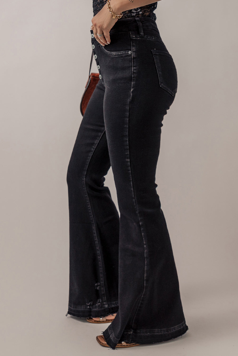 Black High Waist Button Front Flare Jeans-True and Wild