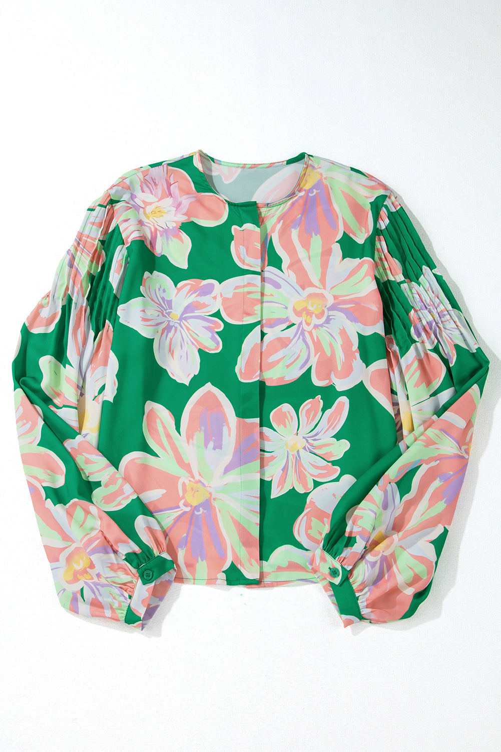 Green Floral Pleated Puff Sleeve Blouse-True and Wild