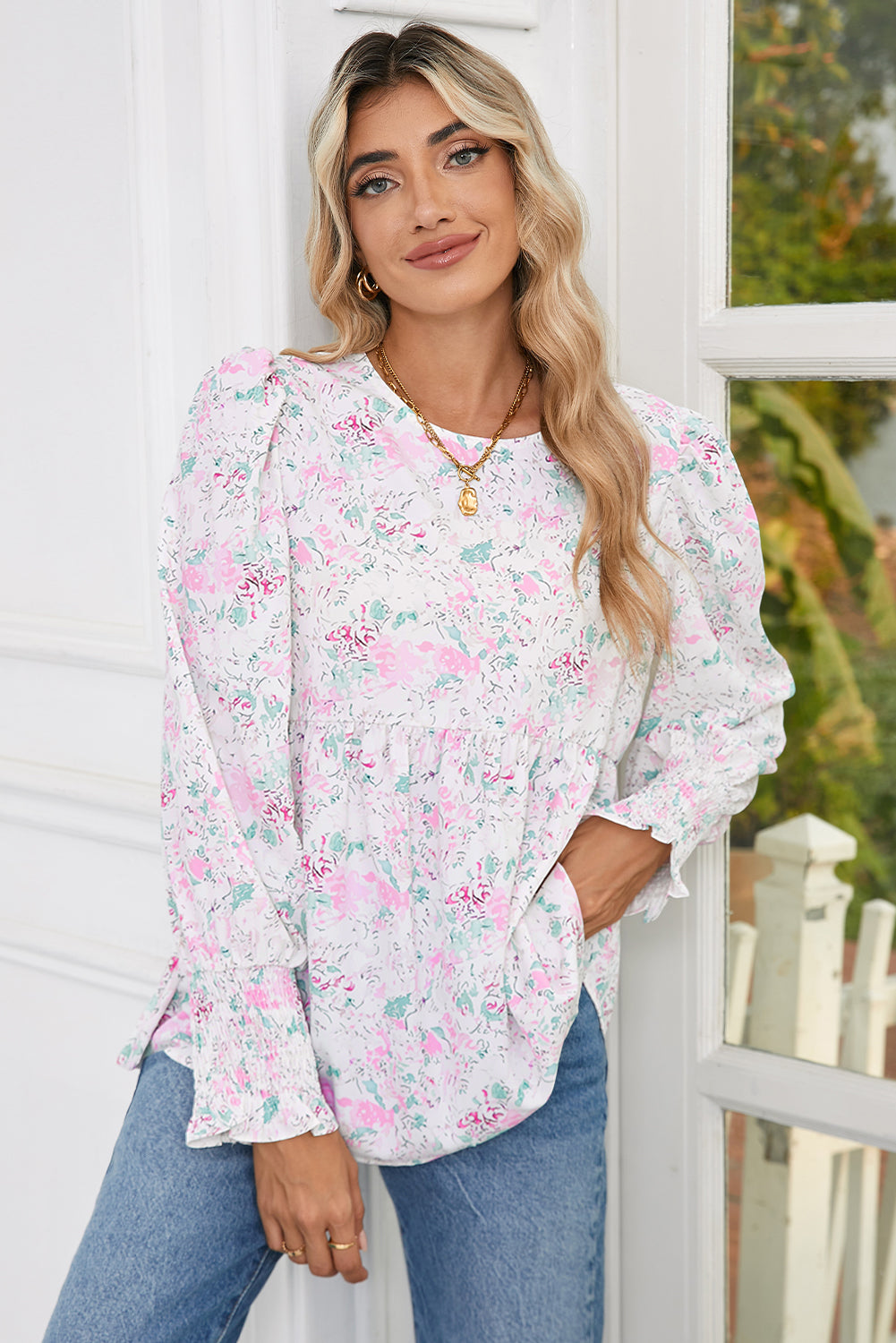 Pink Floral Print Shirred Cuffs Keyhole Back Babydoll Blouse-True and Wild