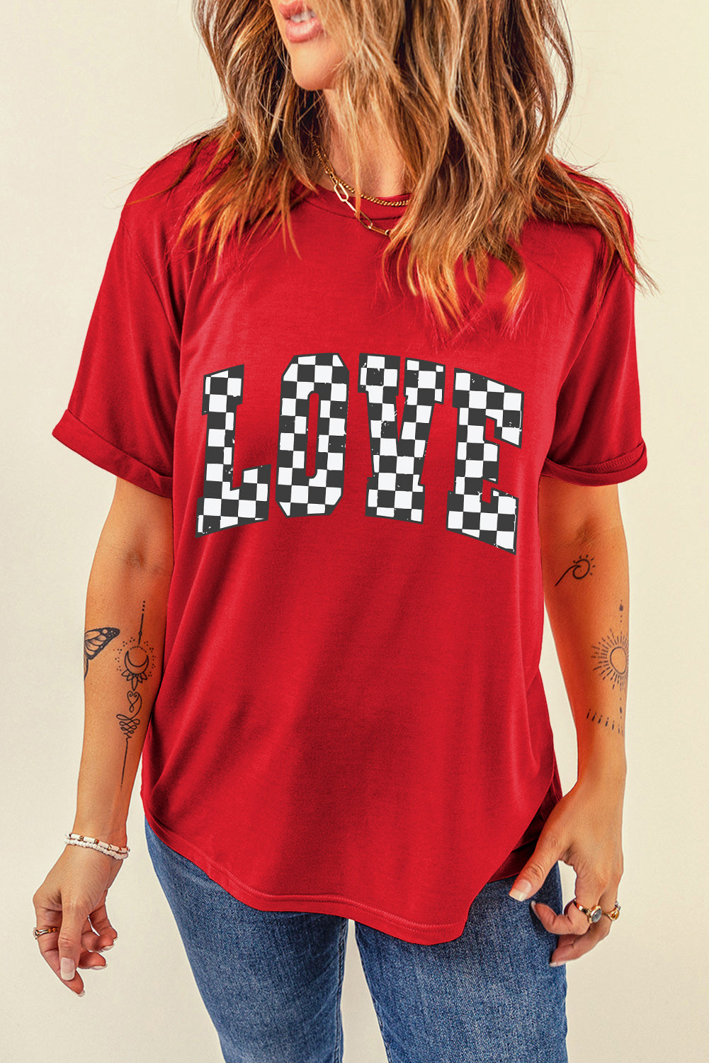 Red Checkered LOVE Letter Graphic Valentines Crewneck T Shirt-True and Wild