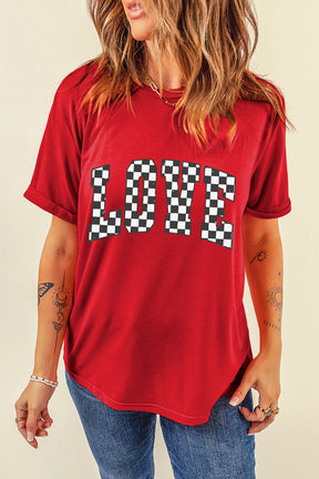 Red Checkered LOVE Letter Graphic Valentines Crewneck T Shirt-True and Wild