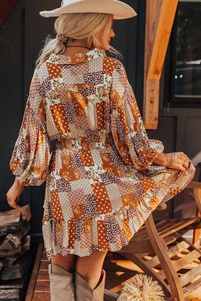 Orange Boho Floral Puff Sleeve Smocked Waist Mini Shirt Dress-True and Wild