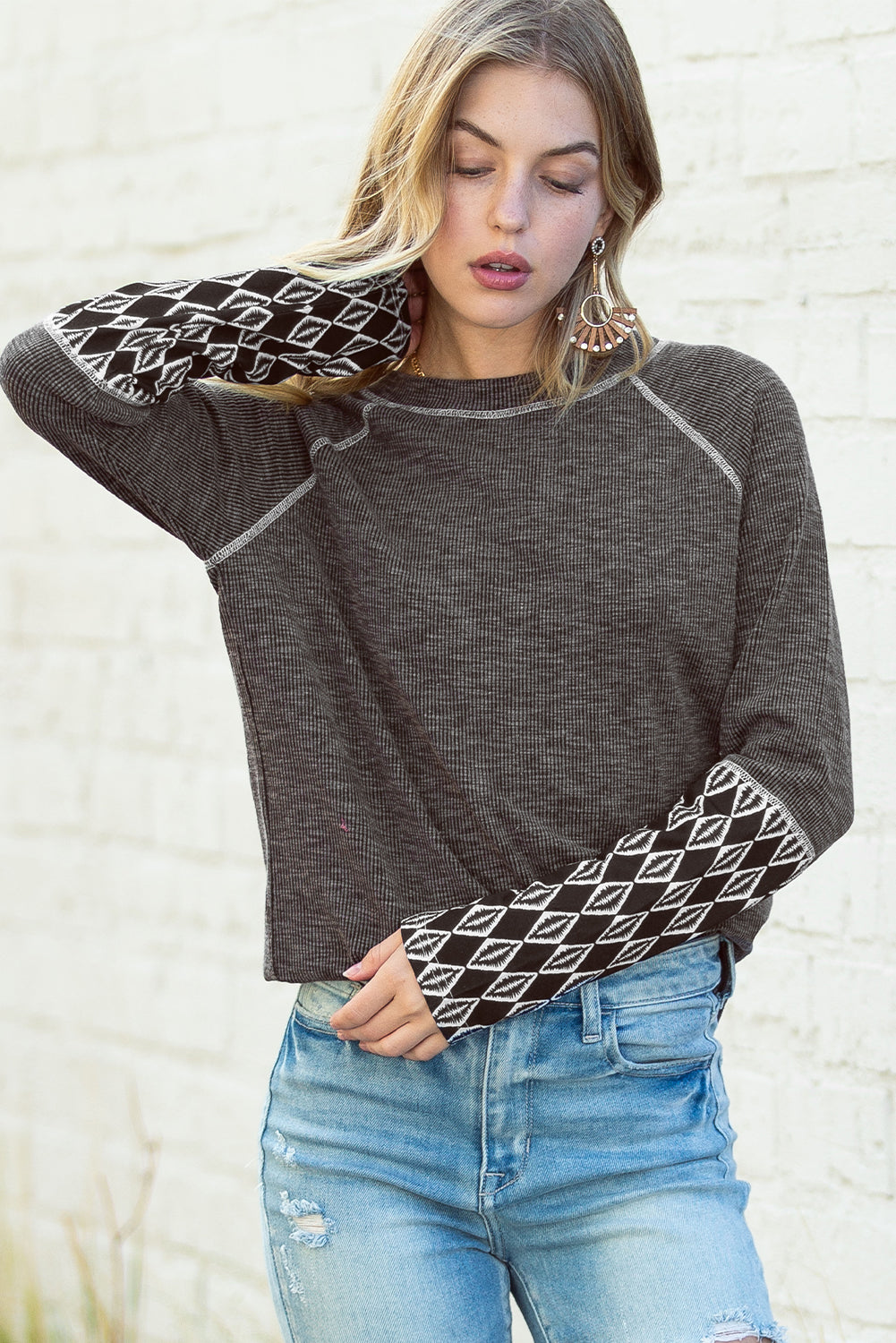 Gray Ribbed Casual Geometric Patchwork Long Sleeve Top-True and Wild