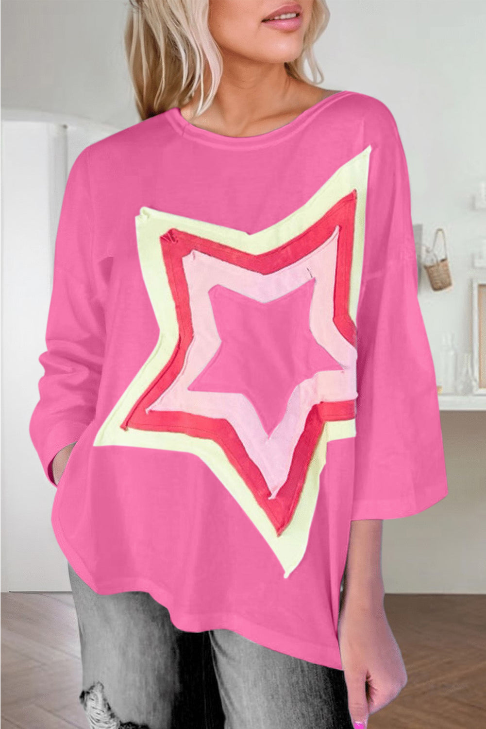 Moonlight Jade Colorblock Star Patched Half Sleeve Oversized Tee-True and Wild