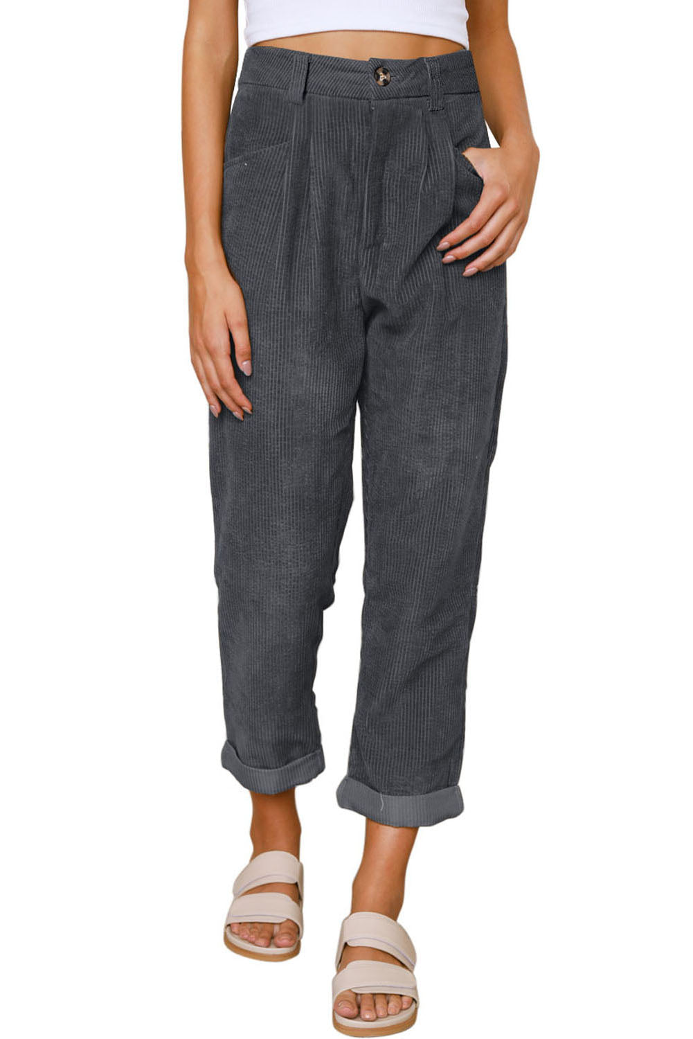 Grey Corduroy High Waisted Wide Leg Pants-True and Wild