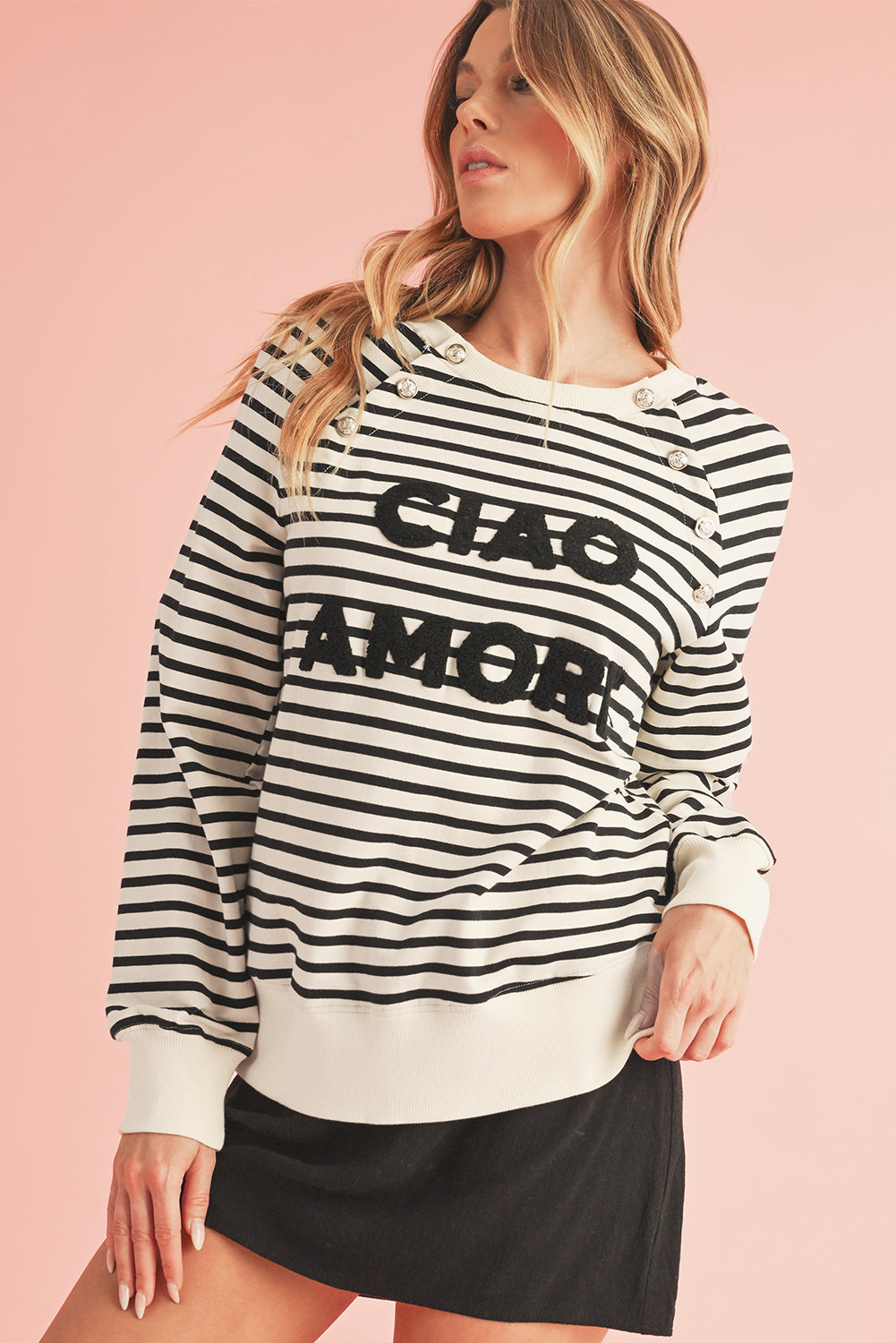 Black Stripe CIAO AMORE Graphic Buttoned Sweatshirt-True and Wild