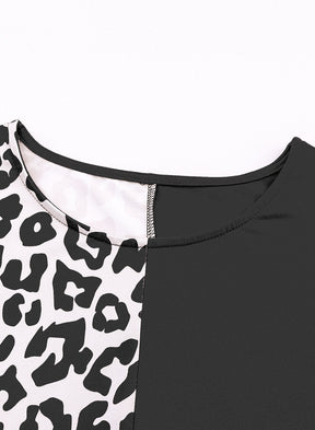 Black Leopard Print Color Block Rolled Up Sleeve Casual T Shirt-True and Wild