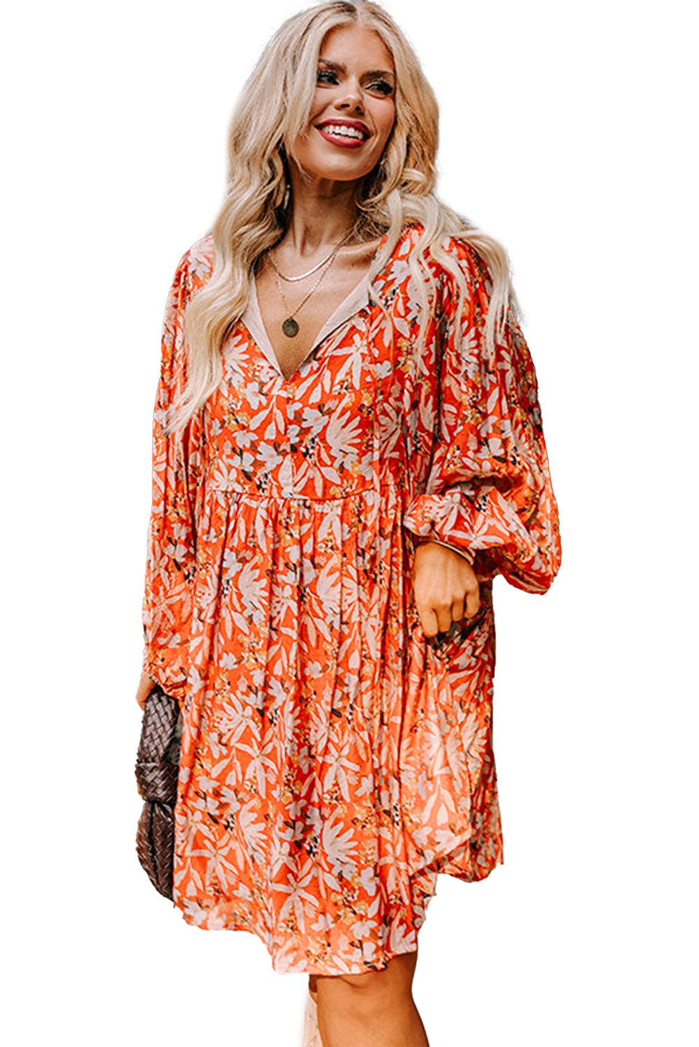 Orange Floral Print Split V Neck Bubble Sleeve Plus Size Midi Dress-True and Wild