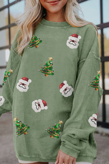 Grass Green Sequin Santa Clause Christmas Tree Patchwork Corded Sweatshirt-True and Wild