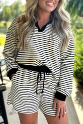 Black Stripe Collared Long Sleeve Top and Drawstring Shorts Set-True and Wild